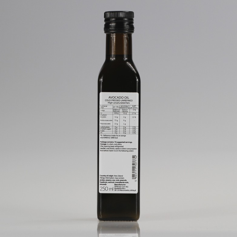 Olej z Awokado, zimnotłoczony nieoczyszczony Ol'Vita 250ml