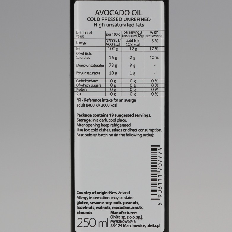 Olej z Awokado, zimnotłoczony nieoczyszczony Ol'Vita 250ml