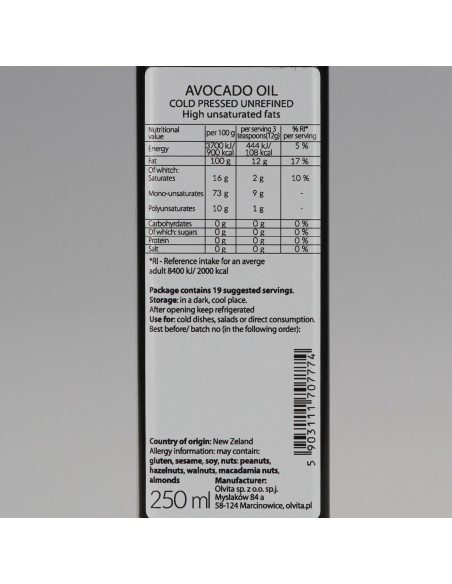 Olej z Awokado, zimnotłoczony nieoczyszczony Ol'Vita 250ml