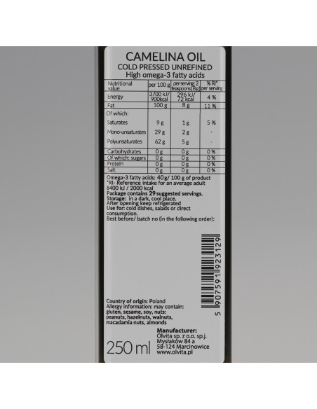 Camelina Oil, cold-pressed, unrefined Ol'Vita 250 ml