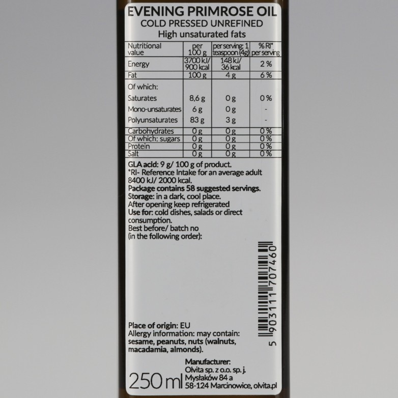 Olej z Wiesiołka - zimnotłoczony, nierafinowany Ol'Vita 250 ml