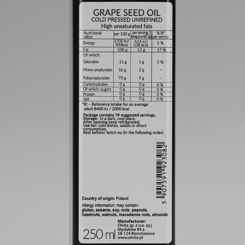 Grape Seed Oil, cold-pressed and crude, Ol'Vita 250 ml