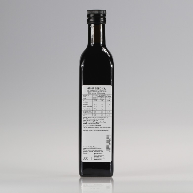 Olej konopny zimnotłoczony nieoczyszczony Ol'Vita 500 ml