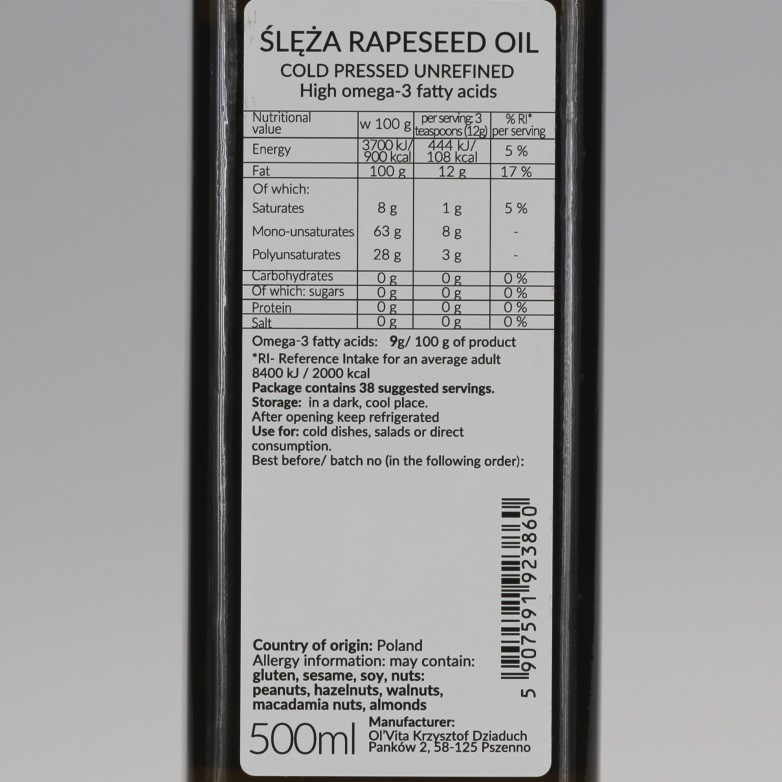 Olej rzepakowy zimnotłoczony nieoczyszczony Ol'Vita 500ml i 1000 ml