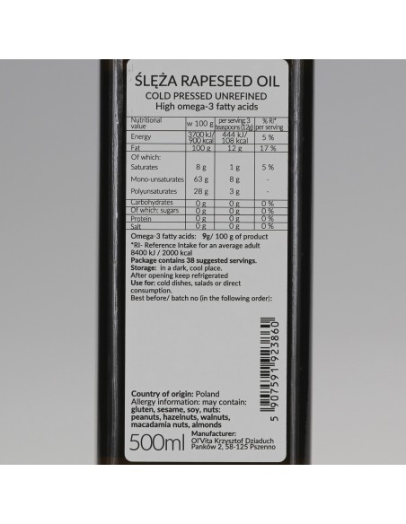 Olej rzepakowy zimnotłoczony nieoczyszczony Ol'Vita 500ml i 1000 ml