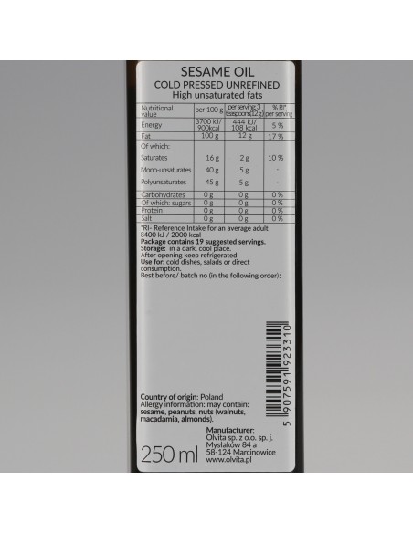 Sesame Oil, cold pressed, unrefined, crude, Ol'Vita 250ml