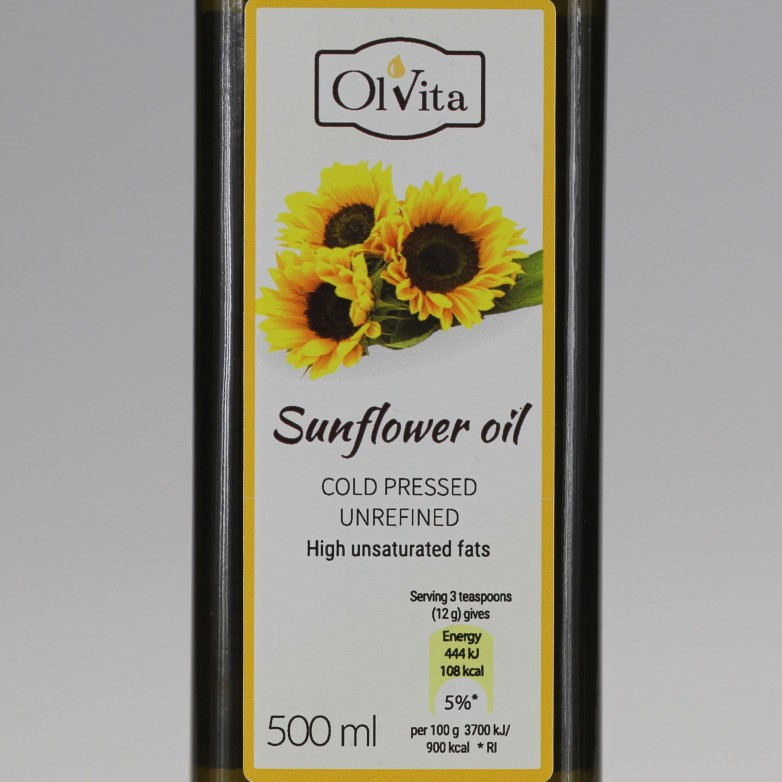Olej słonecznikowy zimnotłoczony nieoczyszczony Ol'Vita 500ml i 1000 ml