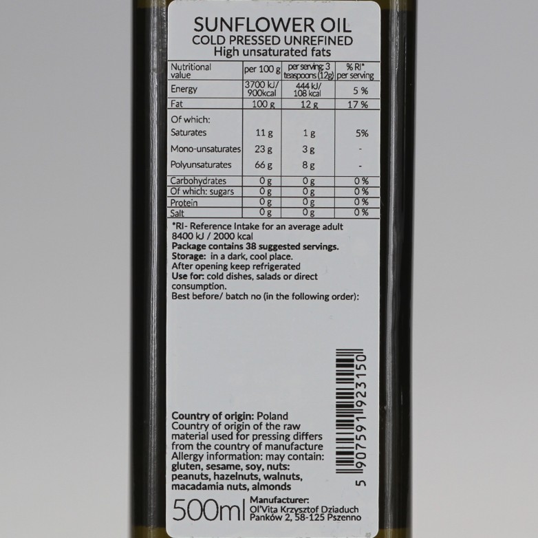 Sunflower oil, cold-pressed and crude Ol’Vita 500ml and 1000 ml