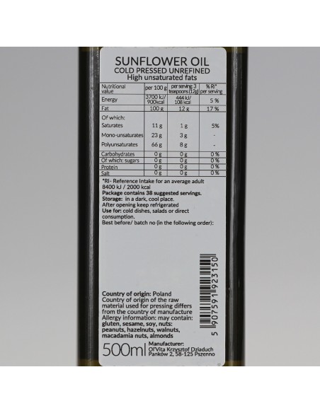 Olej słonecznikowy zimnotłoczony nieoczyszczony Ol'Vita 500ml i 1000 ml