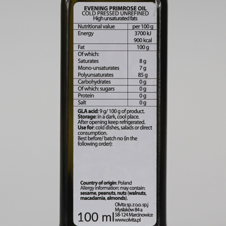 Evening Primrose Oil - cold pressed, unrefined Ol'Vita 100 ml