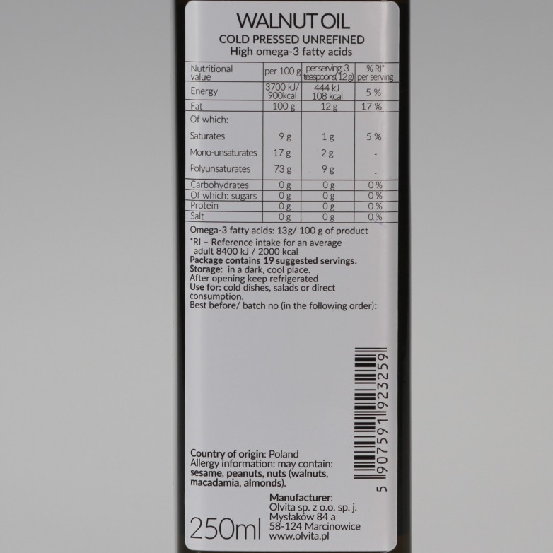 Olej z orzecha włoskiego, zimnotłoczony, nieoczyszczony, Ol'Vita 250 ml