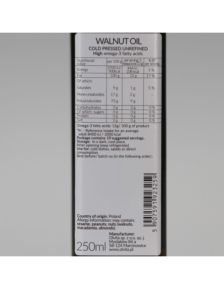 Olej z orzecha włoskiego, zimnotłoczony, nieoczyszczony, Ol'Vita 250 ml