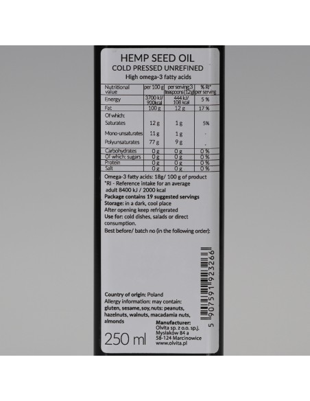 Hemp seed oil, cold-pressed and crude Ol’Vita 250 ml