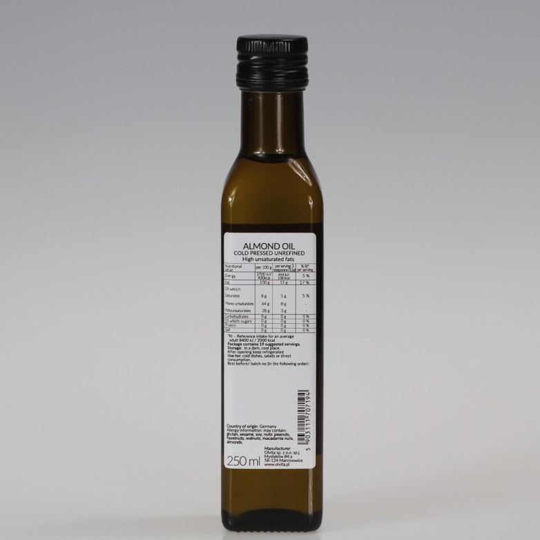 Olej Migdałowy, zimnotłoczony, nieoczyszczony, Ol'Vita 250ml