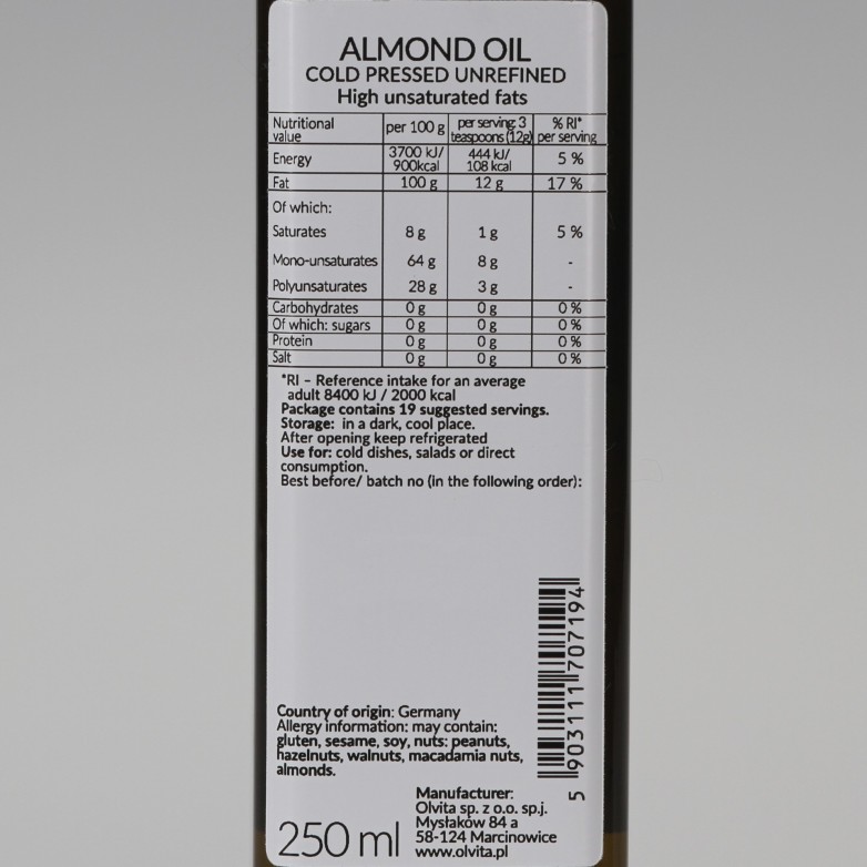 Olej Migdałowy, zimnotłoczony, nieoczyszczony, Ol'Vita 250ml