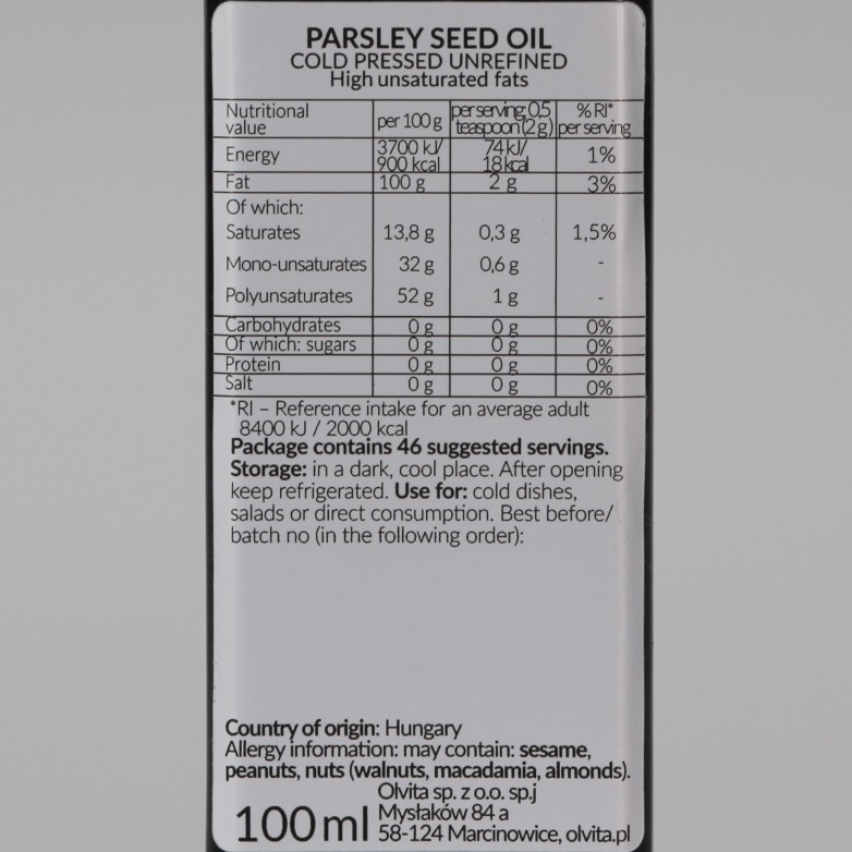 Parsley Seed Oil - Cold Pressed, Unrefined, Ol'Vita 100ml