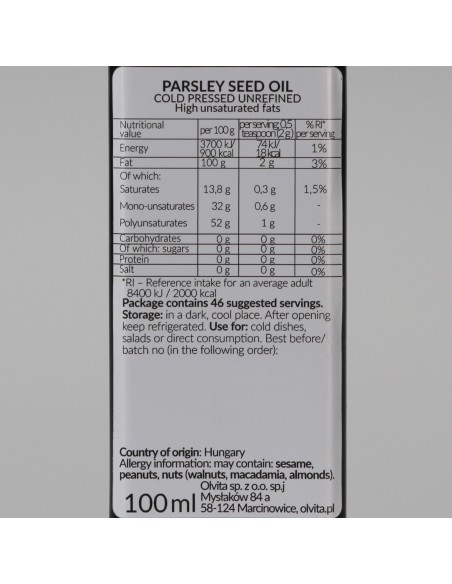 Olej z Nasion Pietruszki - Zimnotłoczony Nierafinowany Ol'Vita 100ml