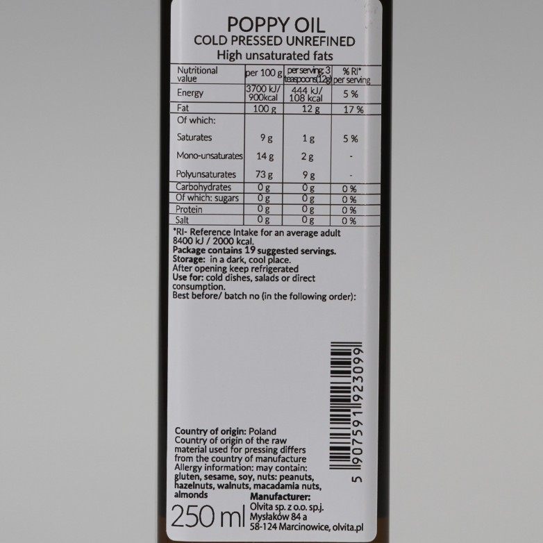 Poppy Seed Oil cold pressed and crude Ol'Vita 250 ml