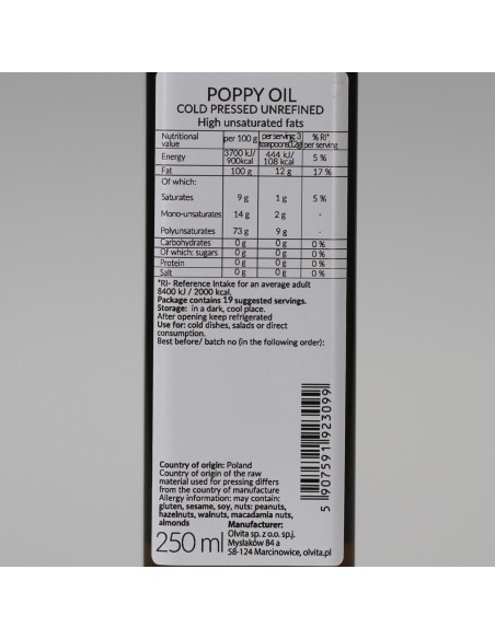 Olej Makowy zimnotłoczony nieoczyszczony Ol'Vita 250 ml
