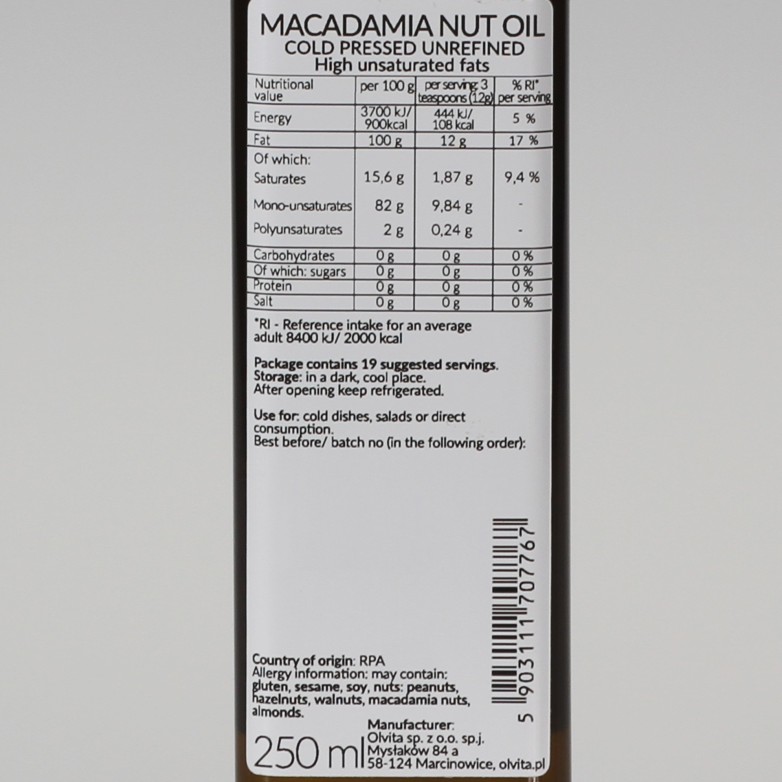 Olej z orzechów Macadamia, zimnotłoczony nieoczyszczony Ol'Vita 250ml