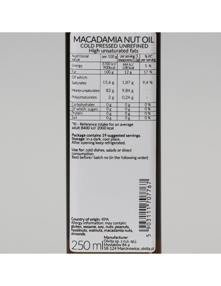 Olej z orzechów Macadamia, zimnotłoczony nieoczyszczony Ol'Vita 250ml