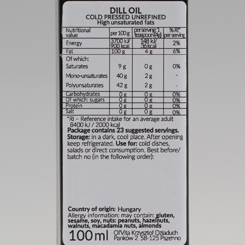 Olej Koperkowy - Zimnotłoczony Nierafinowany Ol'Vita 100ml