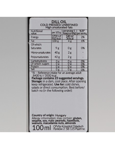 Dill Oil - Cold Pressed, Unrefined, Ol'Vita 100ml
