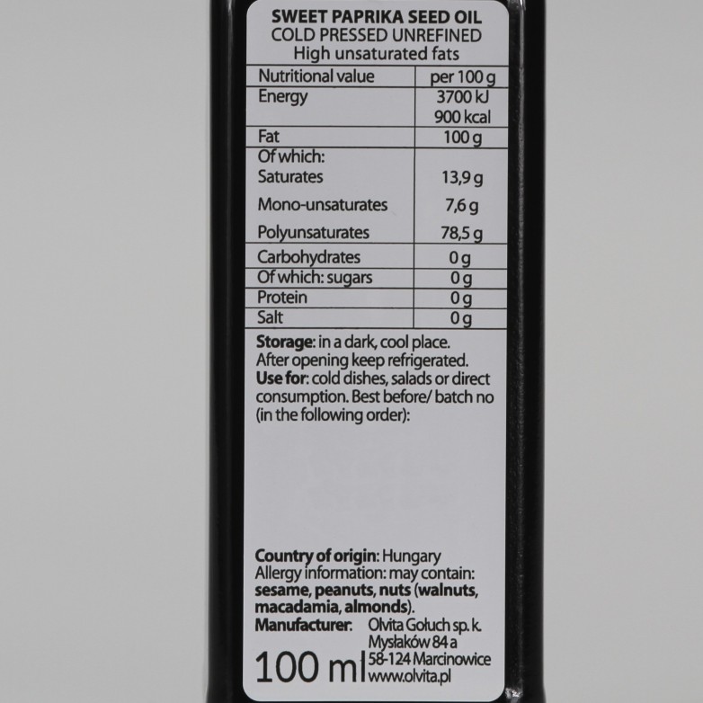 Sweet paprika seed oil, cold-pressed and crude Ol’Vita