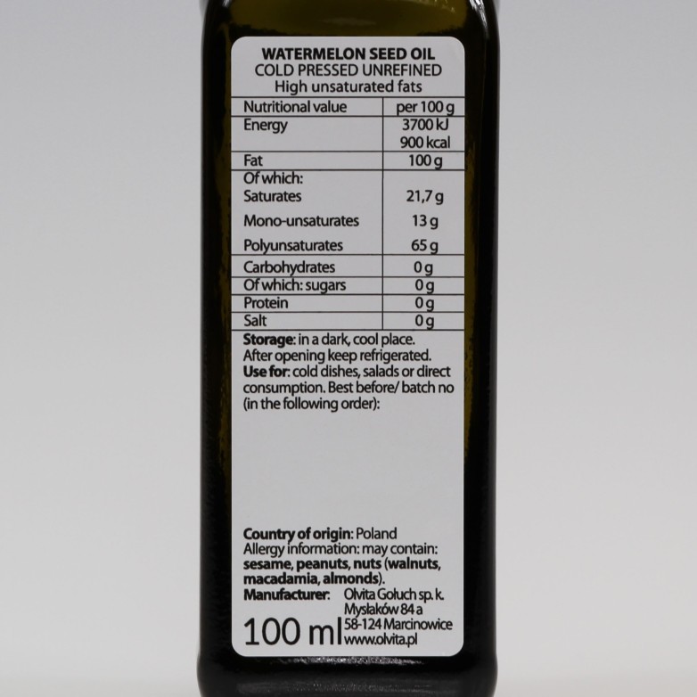 Olej z pestek arbuza, nierafinowany, zimnotłoczony, Ol'Vita - 100 ml i 250 ml