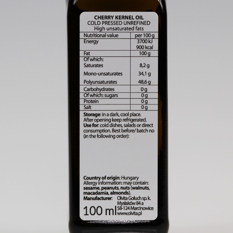 Cherry Kernel Oil - Cold Pressed Unrefined - Ol'Vita 100 ml