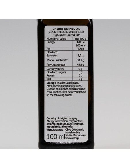 Olej z Pestek Wiśni - zimnotłoczony, nierafinowany Ol'Vita 100 ml