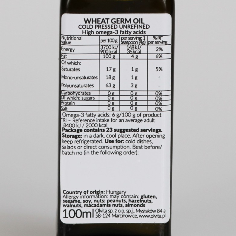 Olej z Kiełków Pszenicy, zimnotłoczony, nieoczyszczony, Ol'Vita 100 i 250 ml