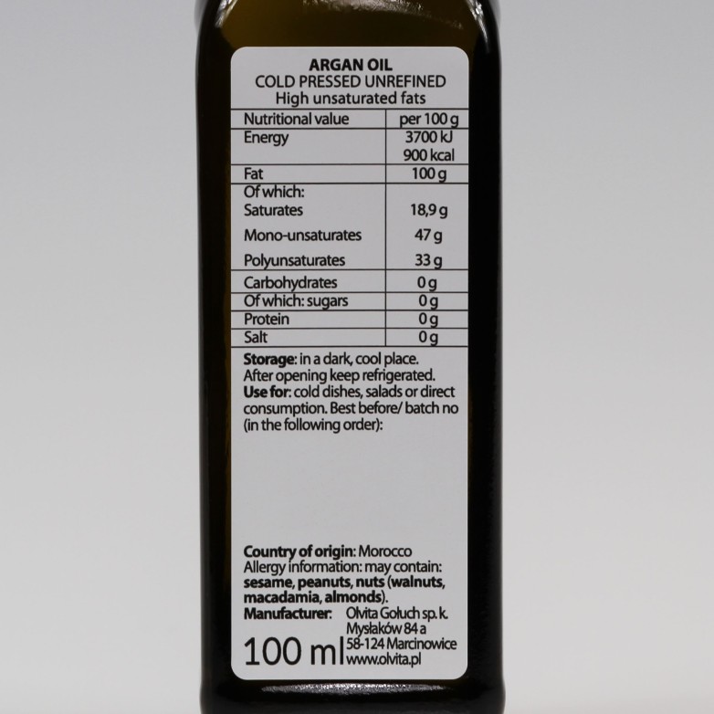 Argan oil, cold-pressed and crude Ol’Vita 100 ml