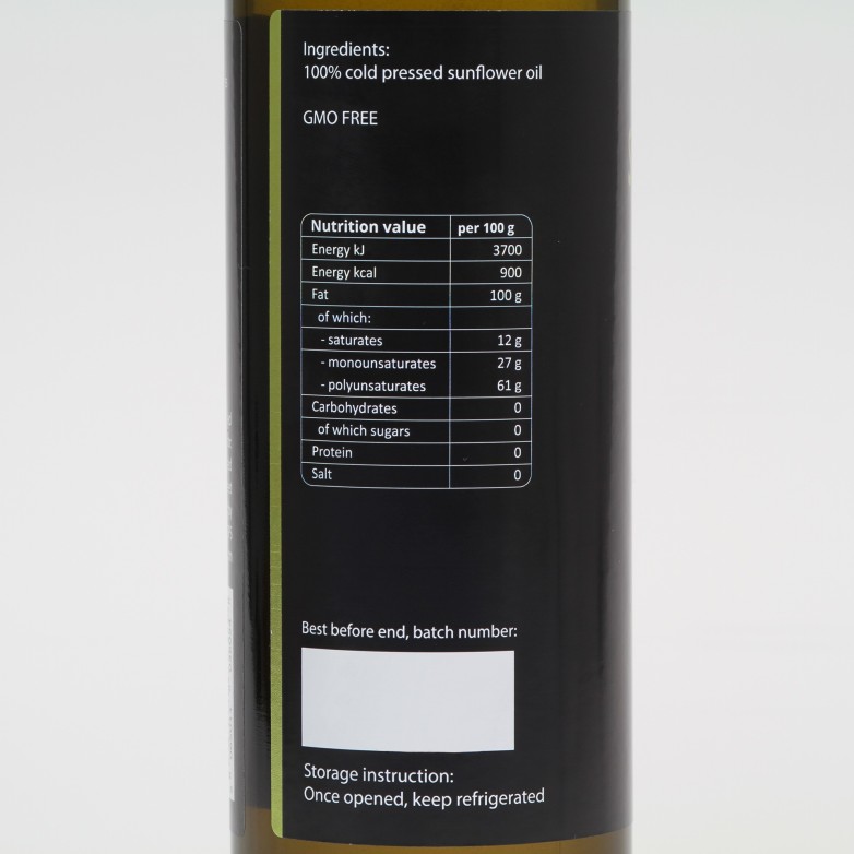 Sunflower oil, cold-pressed, unrefined - Purillo